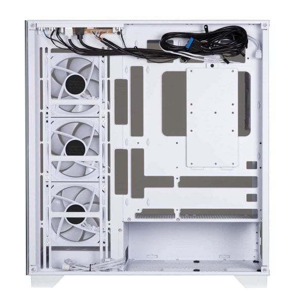 Wit gaming PC-behuizing met vier ventilatoren, kabelbeheer en ruimte voor krachtige hardware, geschikt voor high-end gaming en modding.
