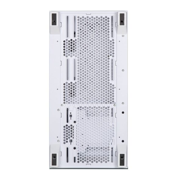 Wit computerbehuizing met ventilatiegaten en ARGB-verlichting, geschikt voor high-performance gaming systemen.