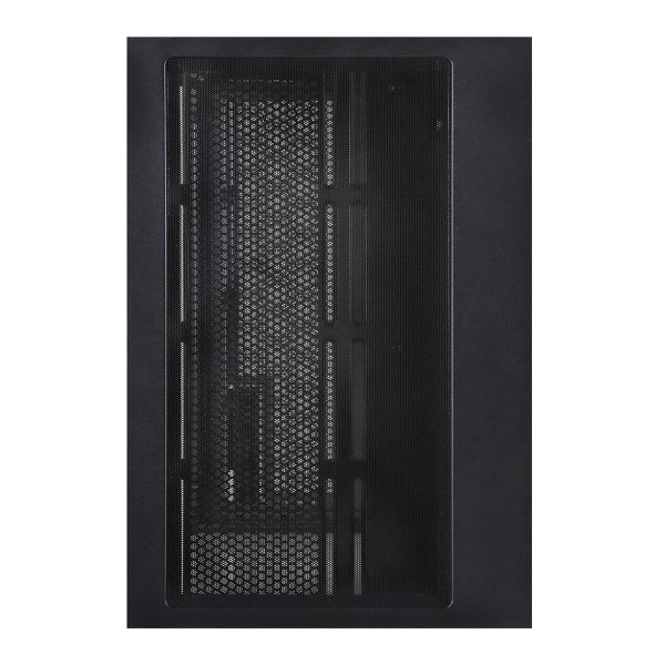 Zwart gaming behuizing met gehard glas en ventilatieopeningen, geschikt voor high-performance gaming systemen.