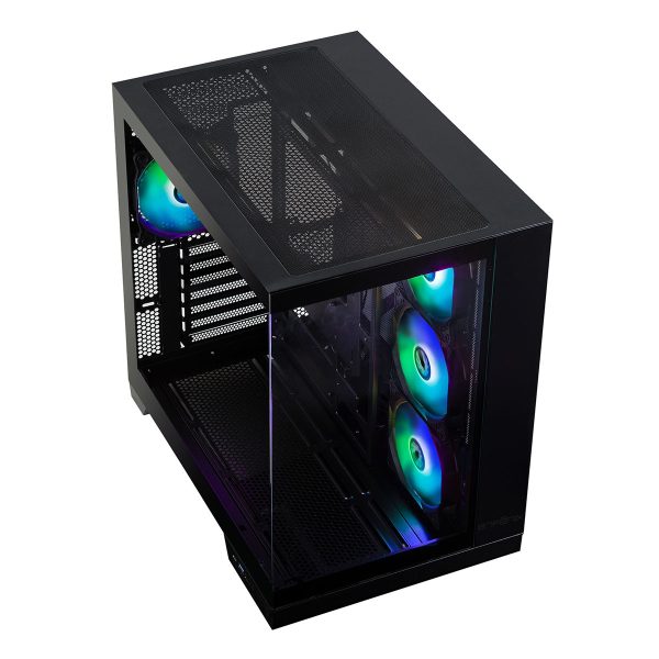 Gaming PC-behuizing met glazen zijpaneel, RGB-verlichting en ventilatoren, geschikt voor high-performance gaming systemen en modding.