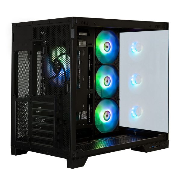 Gaming behuizing met ARGB-verlichte ventilatoren, glazen zijpaneel en USB 3.1-poorten, geschikt voor high-performance gaming systemen en modding.
