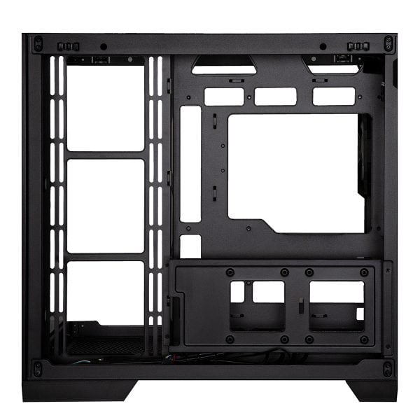 Azoth Gaming mid tower behuizing met zwart metalen frame, gehard glazen zijpaneel en USB 3.1-poorten, ideaal voor gaming PC's en modding.