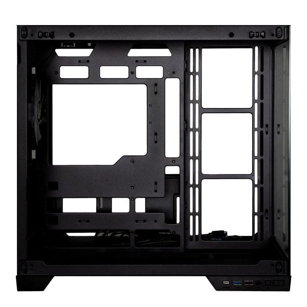 Stijlvolle zwarte mid-tower gaming behuizing met gehard glas en USB 3.1-poorten, ideaal voor high-performance gaming systemen.