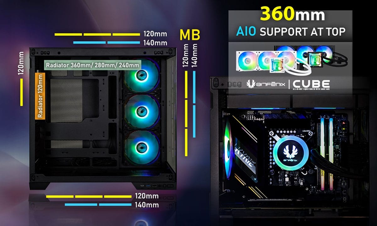 PC-behuizing met gehard glas, ARGB-verlichting en ventilatoren, geschikt voor gaming en high-performance systemen, met afmetingen van 360mm breed en 120mm ventilatoren.