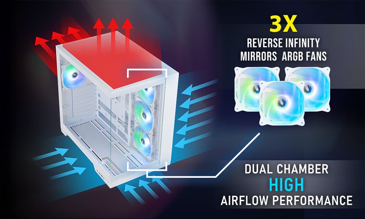 Gezicht op de BitFenix MH100 ARGB behuizing met glazen zijpaneel, voorzien van drie ARGB ventilatoren en geavanceerde luchtstroomtechnologie voor optimale koeling.