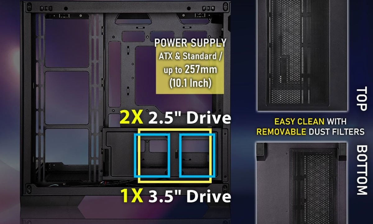 Moderne mid tower gaming behuizing met ARGB-verlichting, USB 3.1-poorten en ruimte voor meerdere drives, ideaal voor gaming en high-performance PC-builds.