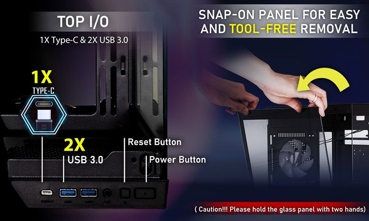 Gehard glas behuizing met ARGB-verlichting en USB 3.1-poorten voor gaming en high-performance PC's.