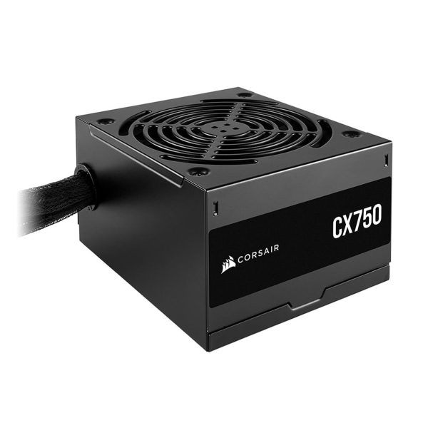 Corsair CX750 voeding met ventilator en kabel, geschikt voor gaming PC's, energie-efficiënt en stil, perfect voor high-performance systemen.