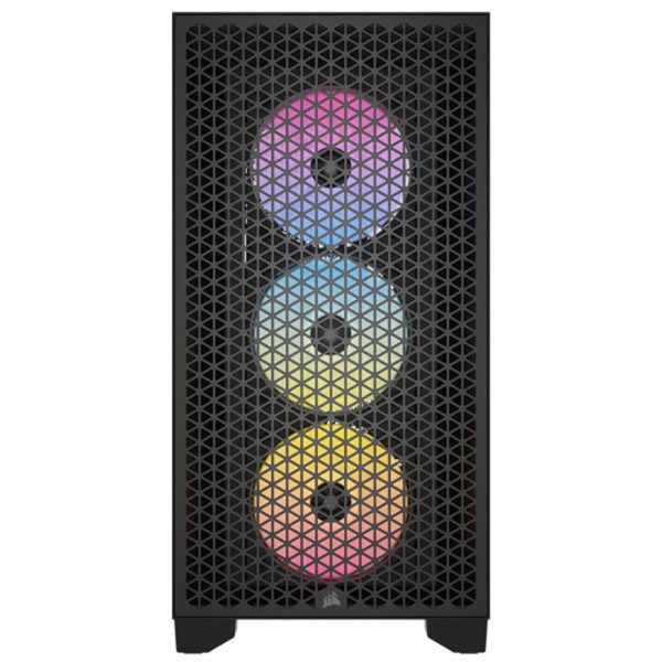 Corsair iCUE 3000D RGB airflow behuizing met drie verlichte ventilatoren en mesh voor optimale koeling, geschikt voor gaming en high-performance PC builds.