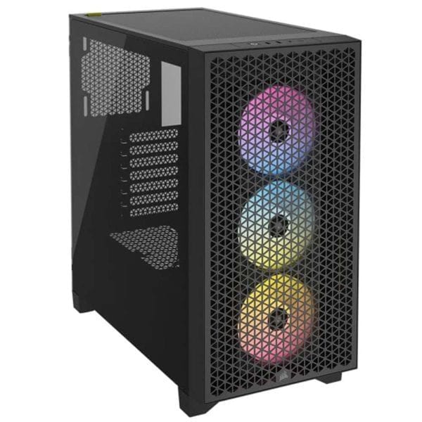 Corsair iCUE 3000D RGB airflow behuizing met drie RGB-fans en USB 3.2, ontworpen voor gaming en optimale koeling in een mid-tower ATX formaat.