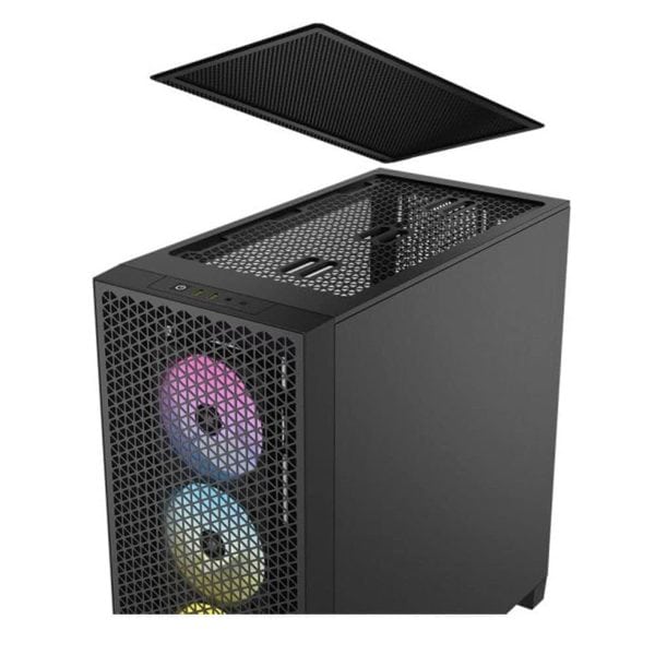 Moderne Corsair iCUE 3000D RGB airflow behuizing met ventilatoren en USB 3.2, ontworpen voor gaming en high-performance PC's.