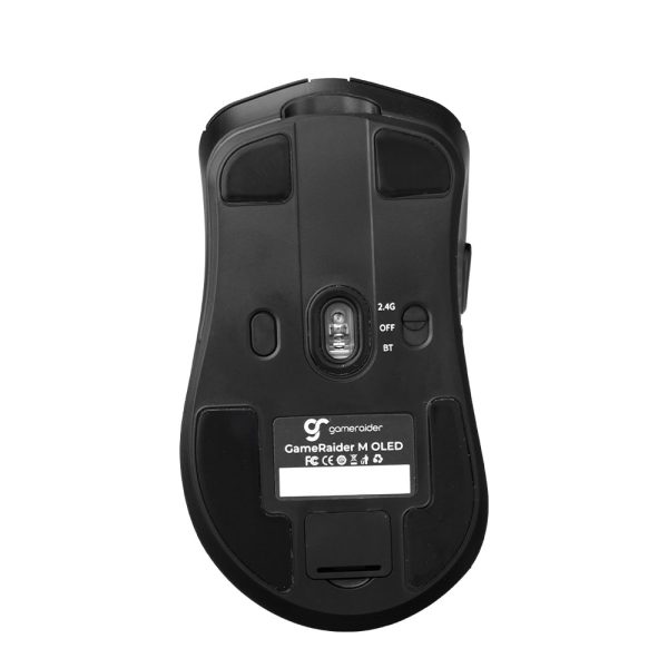 Draadloze GameRaider M OLED gaming muis met 8K Hz RGB-verlichting en 26.000 DPI, zwart ontwerp, ideaal voor competitief gamen en precisie.