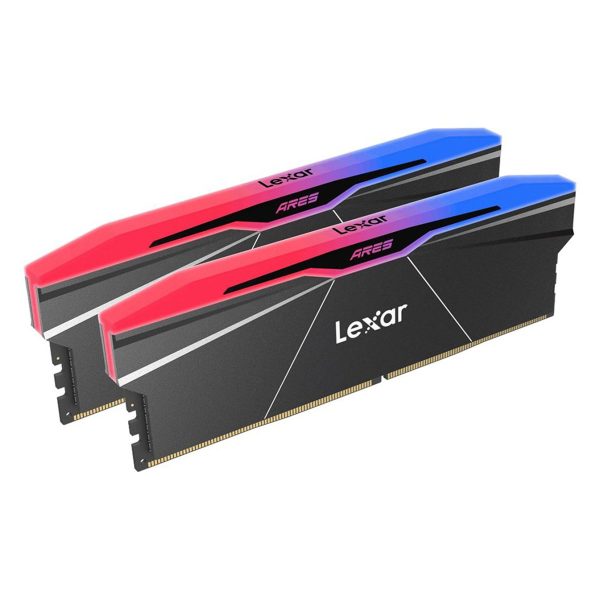 Dual Lexar ARES RGB DDR5 geheugenmodules van 32GB met kleurrijke verlichting, geschikt voor high-performance gaming en overklokken.