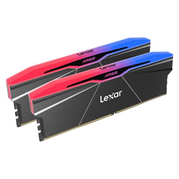 Lexar ARES 2de Gen RGB DDR5 RAM modules, 48GB (2x24GB), met kleurrijke RGB-verlichting en heatsink, geschikt voor high-performance gaming en overklokken.