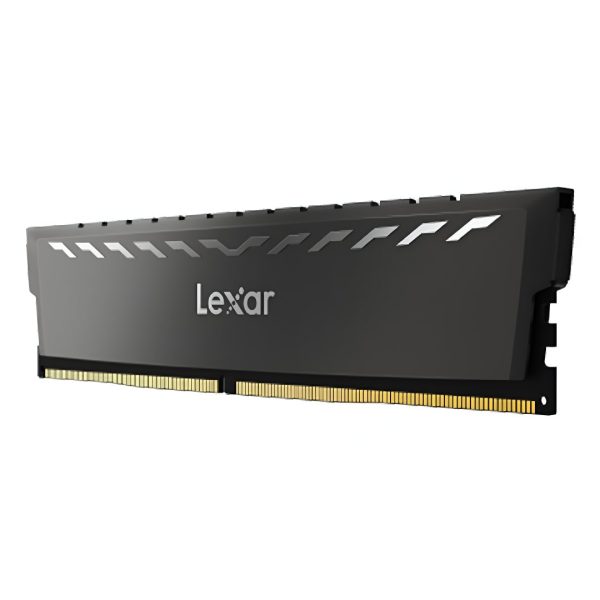Donkergrijze Lexar THOR 32GB DDR4 RAM-module met 3200MHz snelheid en CL16 latentie, geschikt voor gaming en high-performance computers.