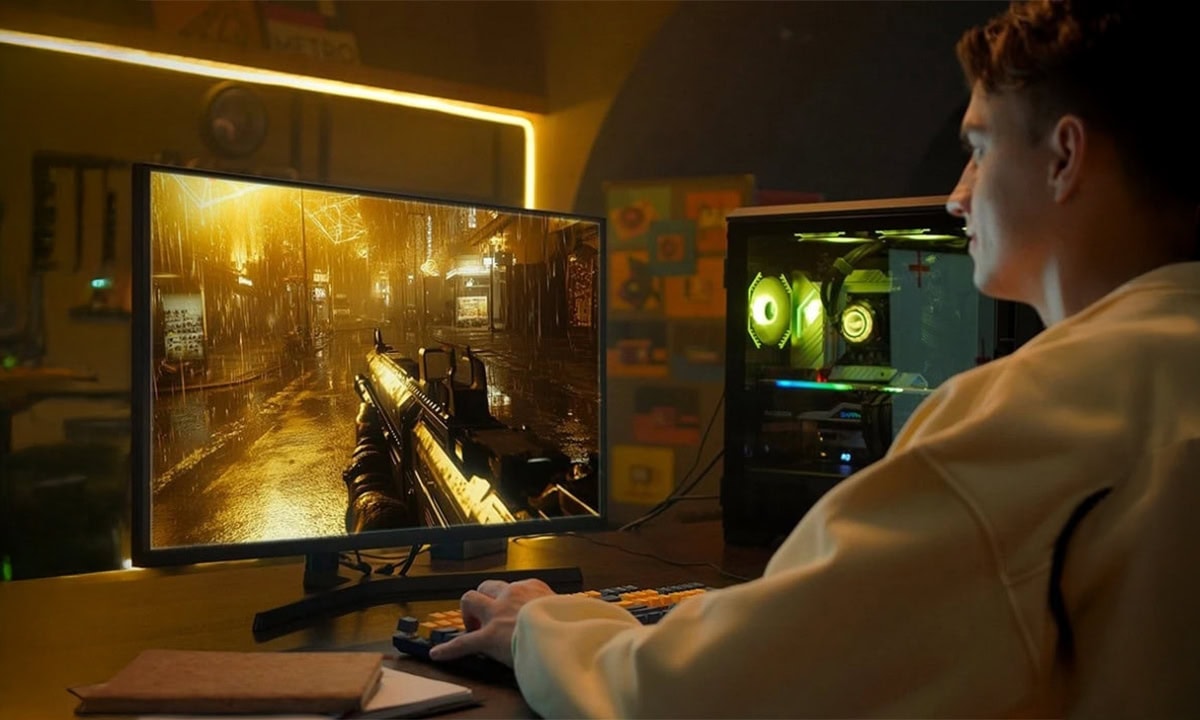 Gaming computer met Lexar Thor RGB RAM modules en verlichte monitor in een donkere gamingruimte.