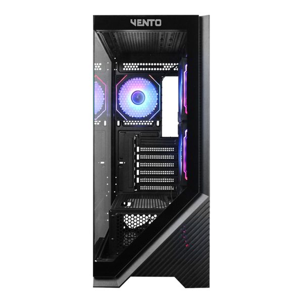 Gaming behuizing met VENTO VG4202FLA 4x120mm ARGB ventilatoren, gehard glas zijpaneel, USB 3.0 en ruimte voor krachtige hardware, ideaal voor gaming en high-performance PC builds.