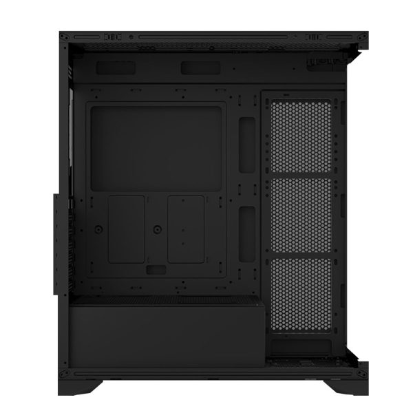 Binnenkant van een lege gaming behuizing met ruimte voor ventilatoren, moederbord en voeding, geschikt voor high-performance gaming systemen.