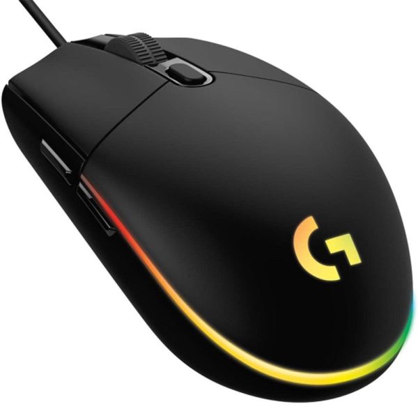 Zwarte Logitech G G102 LIGHTSYNC RGB gaming muis met verlichte rand en bedrade aansluiting, ideaal voor gaming en precisiecontrole.