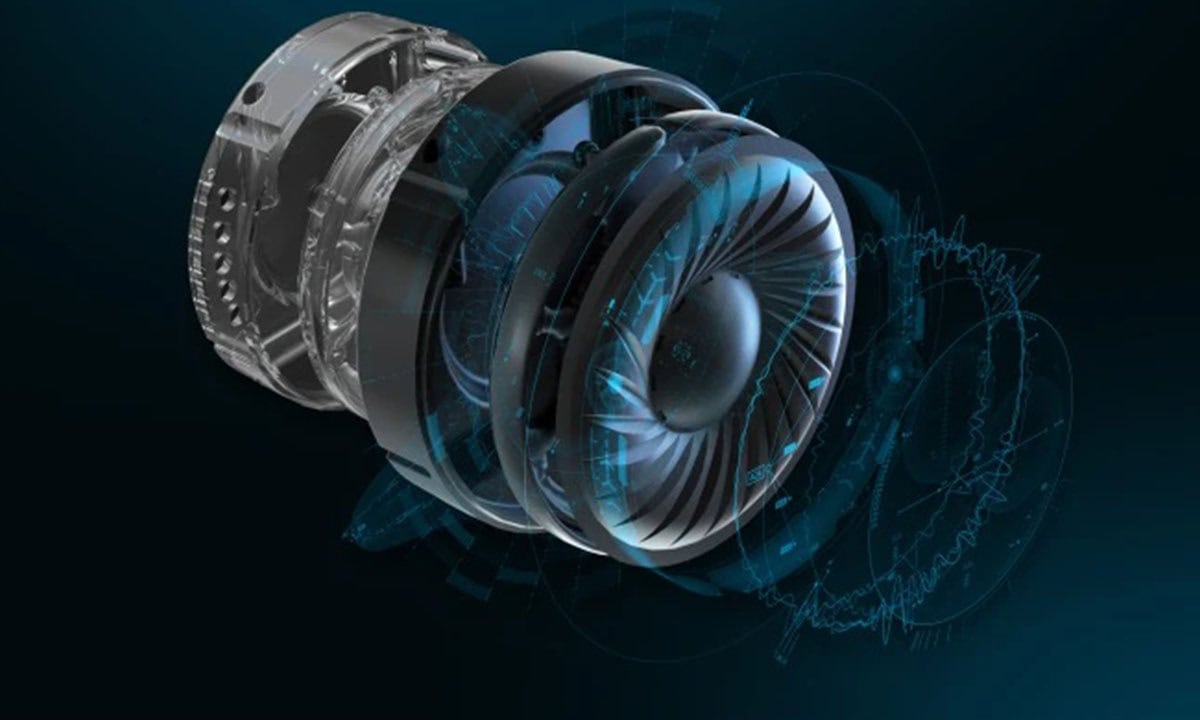 Visualisatie van een geavanceerde audioluidspreker met digitale grafische elementen voor technische innovatie en high-end geluidssystemen.