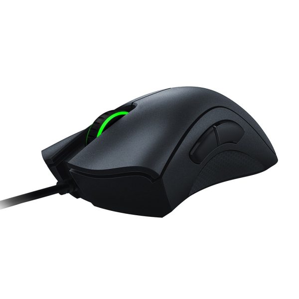 Zwarte Razer DeathAdder Essential gaming muis met groene verlichte scrollwiel en ergonomisch ontwerp, ideaal voor precisie en comfort tijdens gaming.