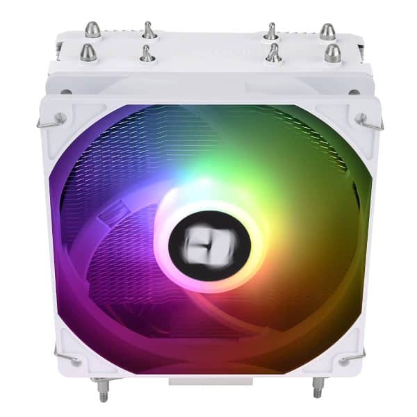 ACHTERGROND: Compacte RGB-ventilator voor optimale koeling en esthetiek bij gaming PC's. Design met levendige kleureffecten en LED-verlichting. Ideaal voor high-end gaming builds en computer enthusiasts.