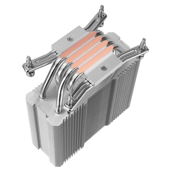 Efficiënte CPU-koeler met aluminium lamellen en koperen warmtegeleiders voor optimale koeling.