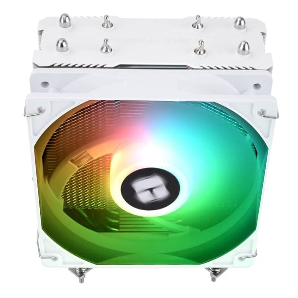 Wit CPU-koelventilator met kleurrijke ARGB-verlichting, geschikt voor gaming en high-performance computers.