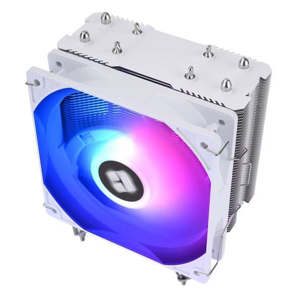 ARGB-verlichte CPU-koelventilator met witte behuizing en RGB-lichtshow.