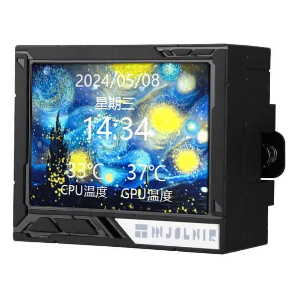 Een digitale klok met een kleurrijk sterrenhemel-achtergrond en temperatuurweergave, ideaal voor gaming en tech-liefhebbers, biedt nauwkeurige tijd en CPU/GPU temperaturen.