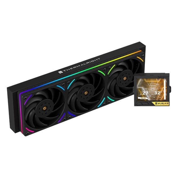 AGEFANS RGB Koelblok met ventilatoren en temperatuurmonitor.