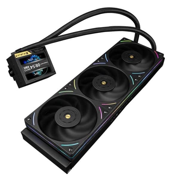 Een geavanceerde gaming-pc koelblock met RGB-verlichting en digitale monitor voor optimale prestaties en temperatuurcontrole.