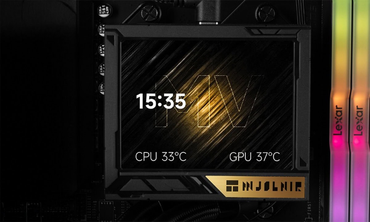 Close-up van de Thermalright Mjolnir Vision 360 UB ARGB waterkoeler met zwart ontwerp en kleurrijke ARGB-verlichting, geschikt voor Intel en AMD systemen.