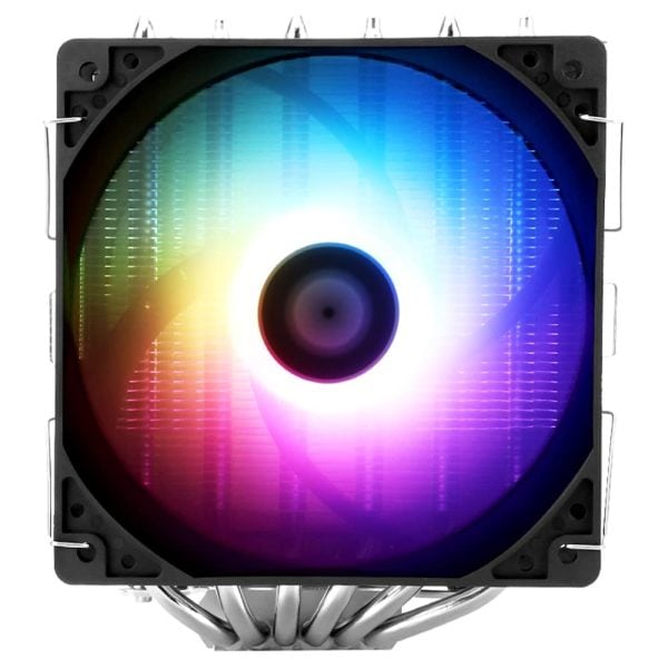 RGB-lichte koelventilator voor PC-behuizing met kleurrijke verlichte bladen en geavanceerde ventilatortechnologie voor optimale koeling.