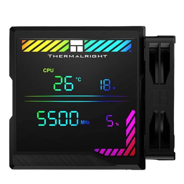 Een RGB-verlichte CPU-koeleregelaar van Thermalright, ontworpen voor gamers en PC-bouwers. Dit apparaat toont de temperatuur, stroomverbruik, en frequentie, ideaal voor het optimaliseren van prestaties en koeling van gaming-pc’s. Perfect voor wie wil zorgen dat hardware altijd in topconditie blijft tijdens intensieve gaming of workloads. Creëer een ademende en visueel aantrekkelijke gaming-setup met deze geavanceerde monitor en regelaar.