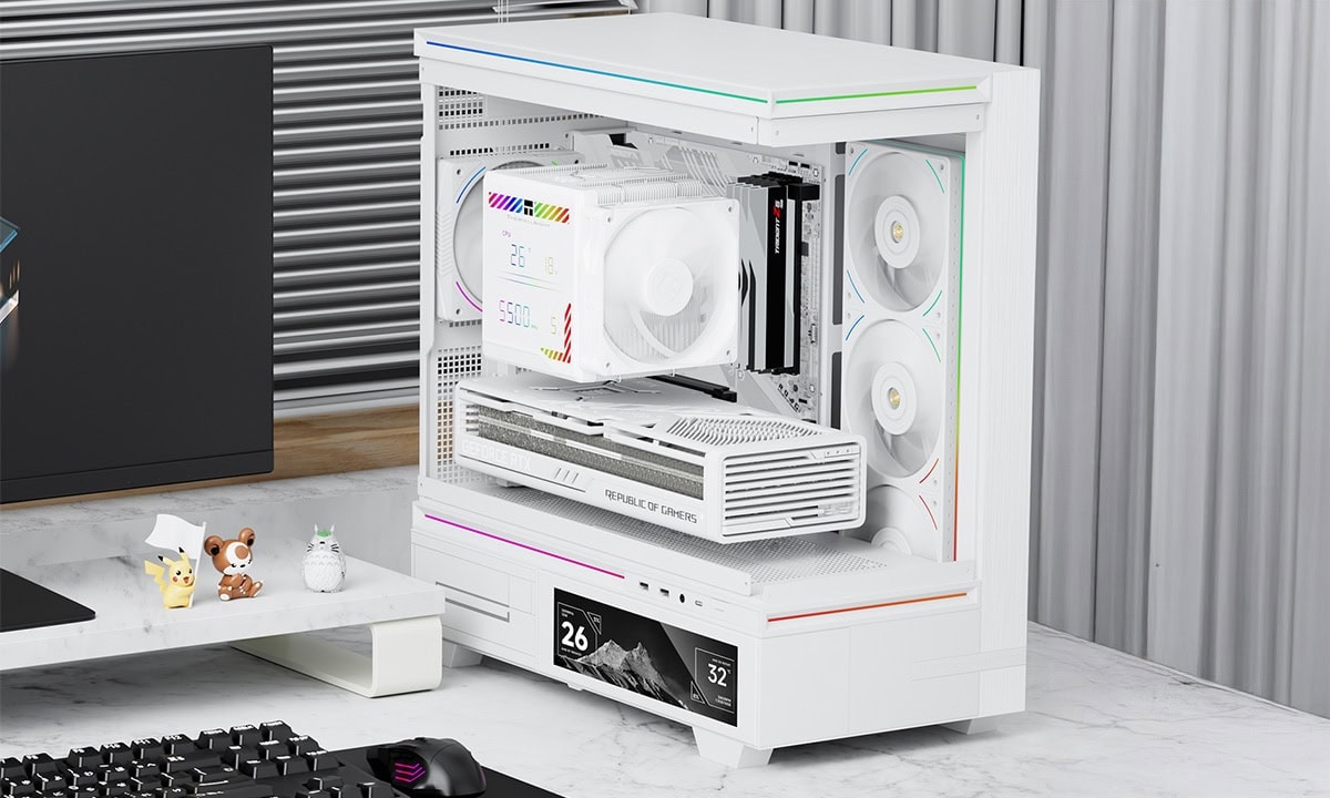 Moderne witte gaming PC-behuizing met RGB-verlichting, voorzien van krachtige ventilatoren en ruimte voor uitgebreide koeling, ideaal voor gaming en high-performance systemen.