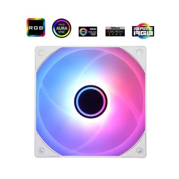 Een CPU-koeler of case fan met RGB-licht voor gaming en computer-assemblages, uitgerust met RGB, Aura Sync, MSI Mystic Light Sync en Polychrome Sync, perfect voor een kleurrijke gaming setup.