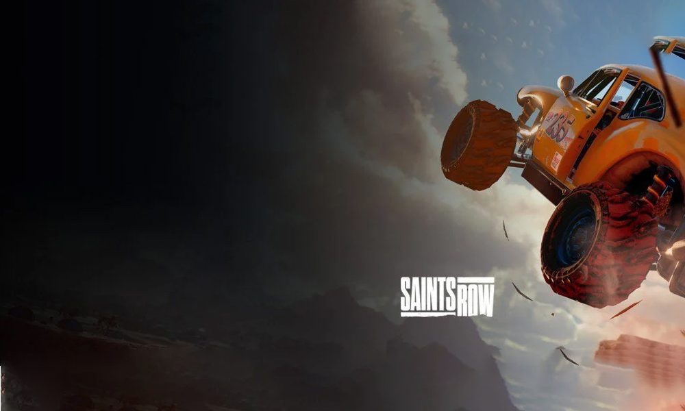 Een bulldozer springt door de lucht in Saints Row, met een dramatische lucht op de achtergrond, benadrukt actie en avontuur in de game.