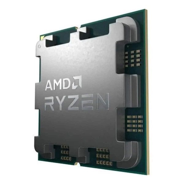 Close-up van de AMD Ryzen 5 9500F processor, geschikt voor gaming en high-performance computing, met 6 kernen, 4nm technologie en AM5 socket.