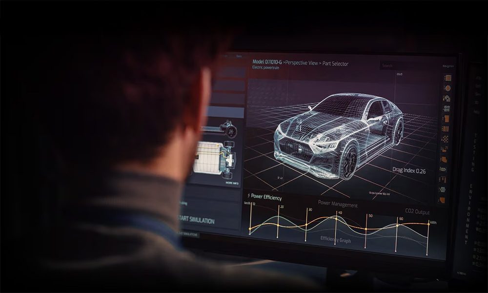 Close-up van een computerbeeldscherm met 3D-model van een sportauto en prestatiegegevens, gericht op gaming en high-end PC-onderdelen.