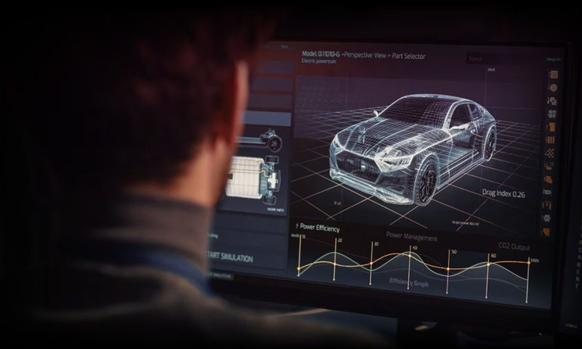 Man bekijkt een autosimulatie op een computer met 3D-model van een sportauto en grafieken, ideaal voor gaming en technische toepassingen.