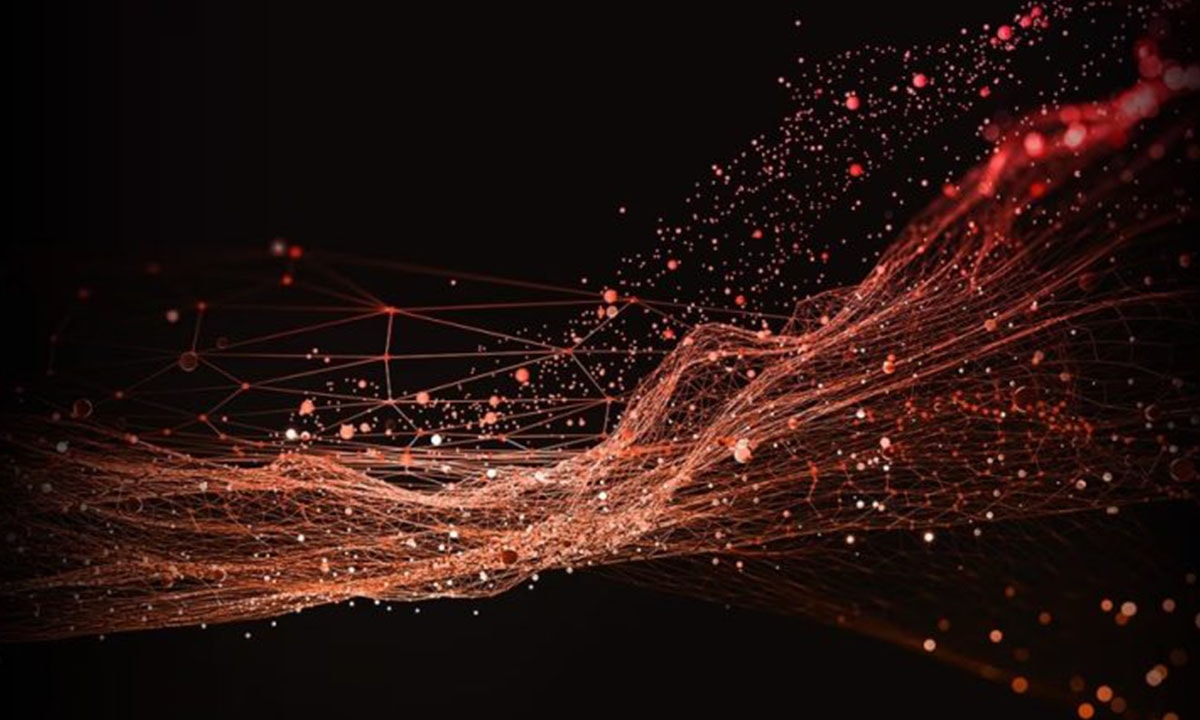 Abstract digital image met lijnen en stippen die snelheid en technologie symboliseren, passend bij high-performance computeronderdelen zoals de AMD Ryzen 7 9700X processor.