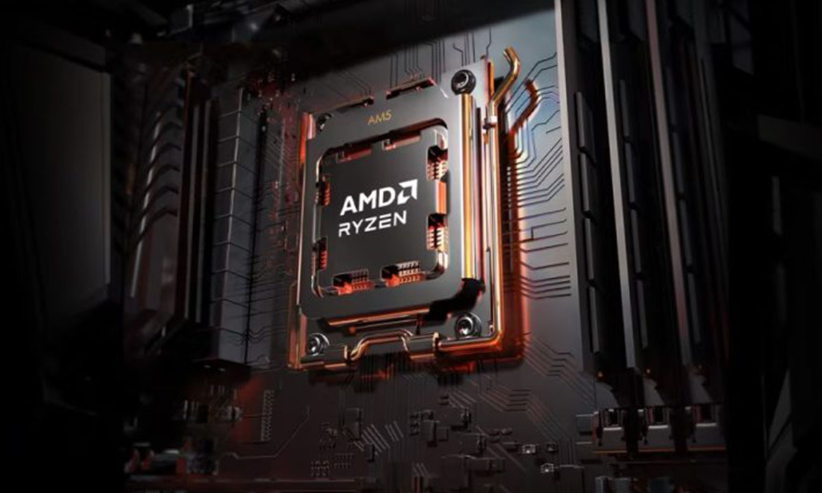 Close-up van de AMD Ryzen 7 9700X processor geïnstalleerd op een moederbord, benadrukt de krachtige prestaties en geavanceerde technologie voor gaming en high-performance computing.