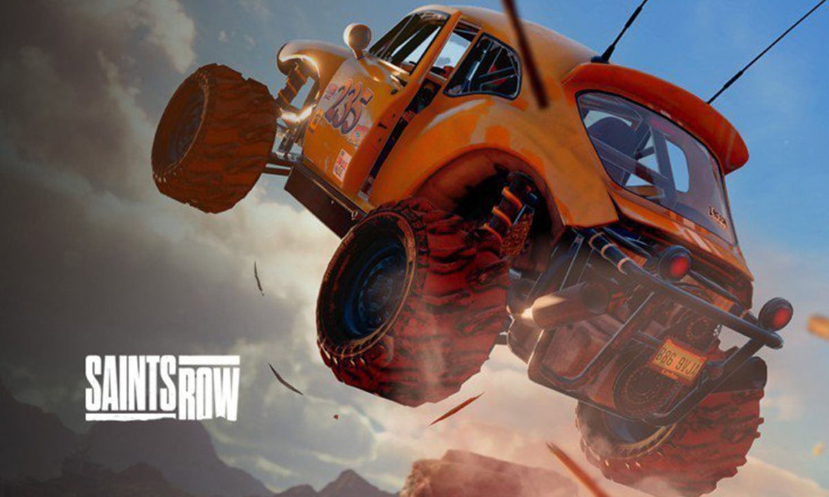 Geanimeerde afbeelding van een futuristische, oranje off-road voertuig met grote banden, vliegend door de lucht met een dramatische achtergrond, geschikt voor gaming en technologie.