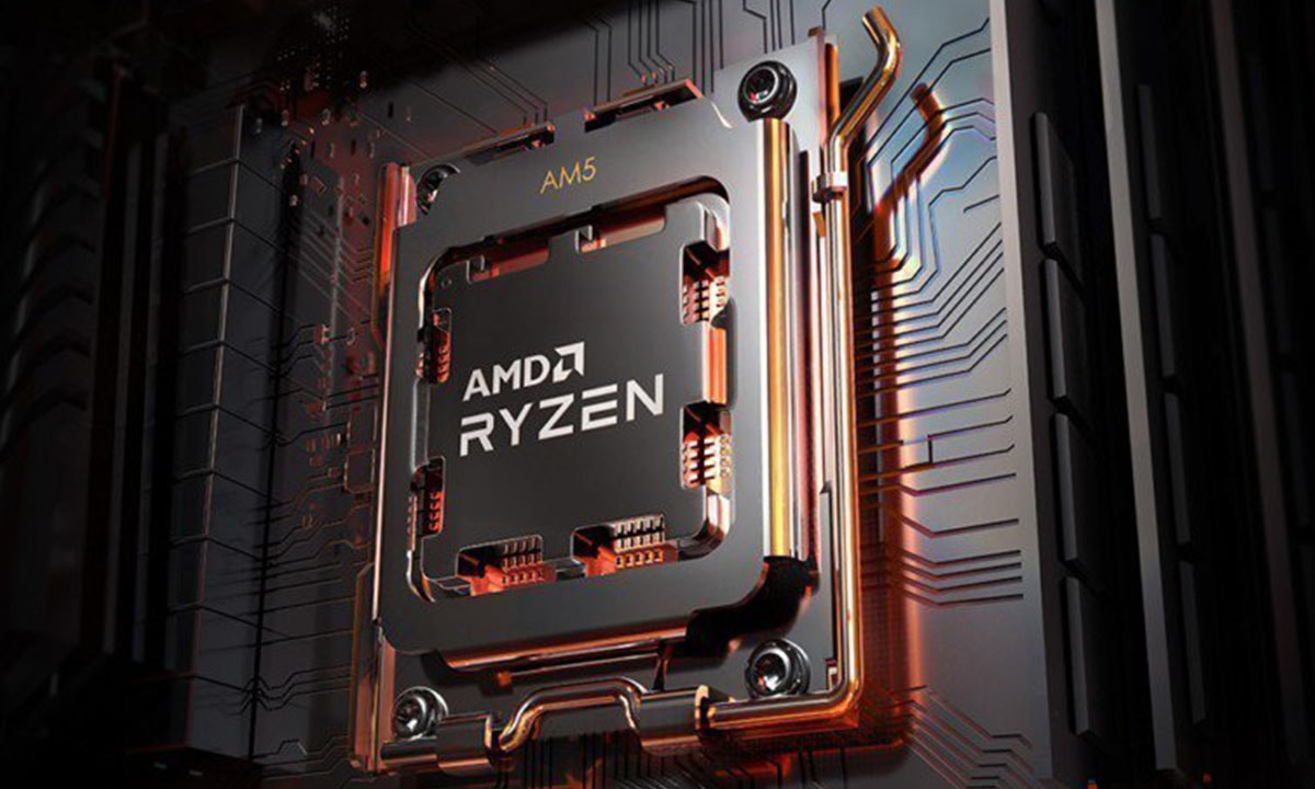 Close-up van de AMD Ryzen 7 9800X3D processor op een moederbord, geschikt voor high-performance gaming en krachtige computing.