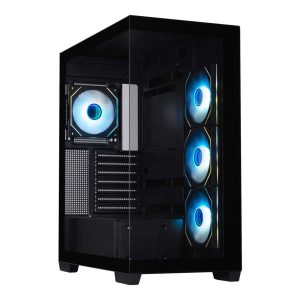 Moderne gaming behuizing met ARGB-verlichting, gehard glas en USB 3.1, geschikt voor mid tower ATX systemen en 850W voeding, ideaal voor high-performance gaming builds.