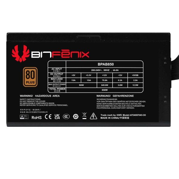 Zwart computervoeding met label en specificaties, geschikt voor gaming PC's, met 850W vermogen, 80 Plus Bronze certificering, en diverse aansluitingen voor optimale prestaties.