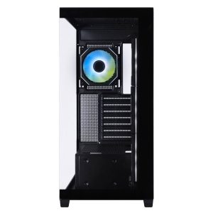 Gezicht op de BitFenix X8 Fishtank ARGB gaming behuizing met helder ARGB-verlichting, gehard glas en USB 3.1-poorten, ideaal voor high-end gaming PC's.