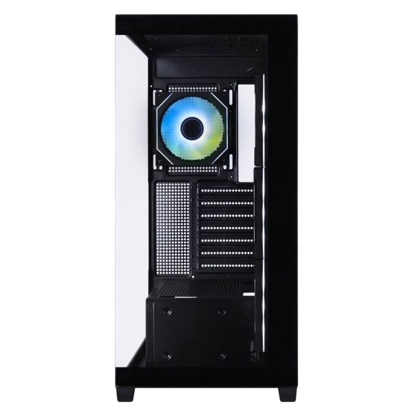 Gezicht op de BitFenix X8 Fishtank ARGB gaming behuizing met helder ARGB-verlichting, gehard glas en USB 3.1-poorten, ideaal voor high-end gaming PC's.