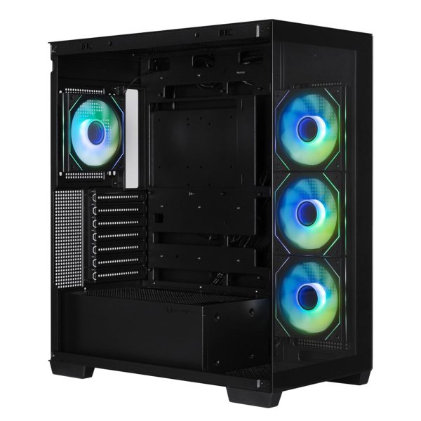 Geavanceerde gaming behuizing met ARGB-verlichting en gehard glas, geschikt voor krachtige gaming PC's. Ondersteunt USB 3.1 en heeft ruimte voor meerdere ventilatoren en grote componenten.